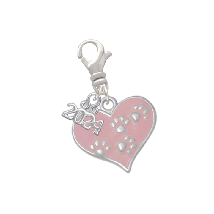 Delight Jewelry Silvertone Enamel Heart with Paw Prints Clip on Charm with Year 2024 Image 1