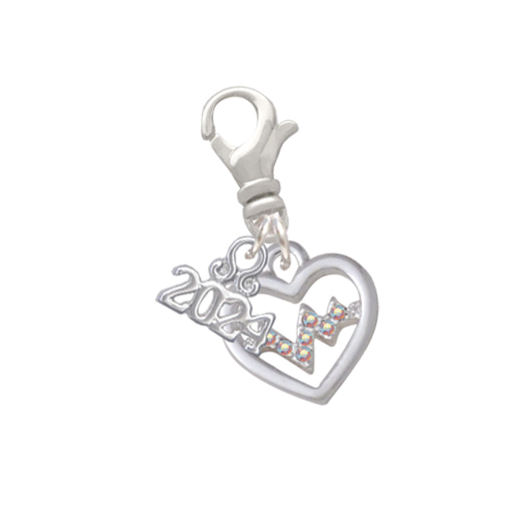 Delight Jewelry Silvertone Heart with Crystal Heartbeat Clip on Charm with Year 2024 Image 1