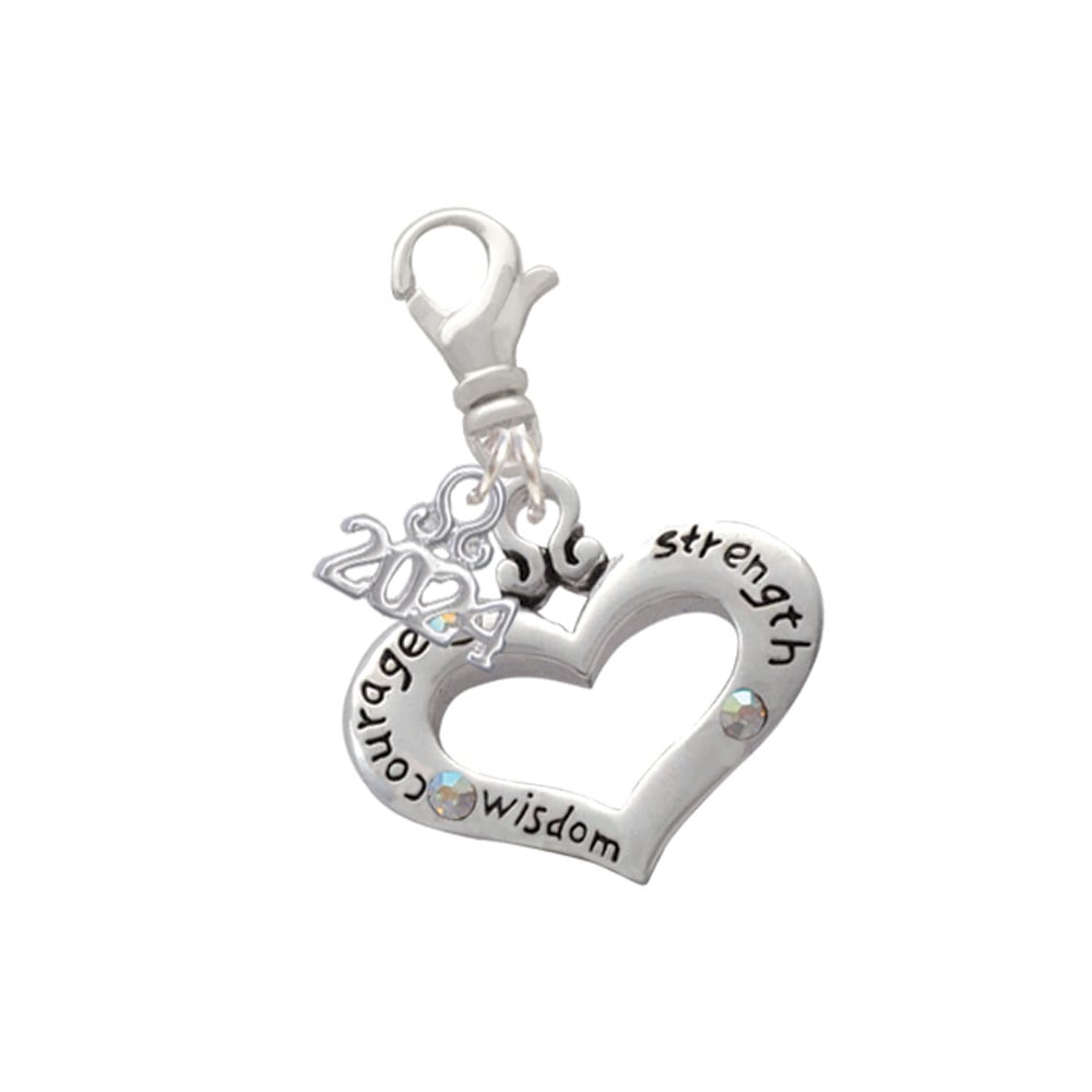 Delight Jewelry Silvertone Message Heart with 3 AB Crystals Clip on Charm with Year 2024 Image 1