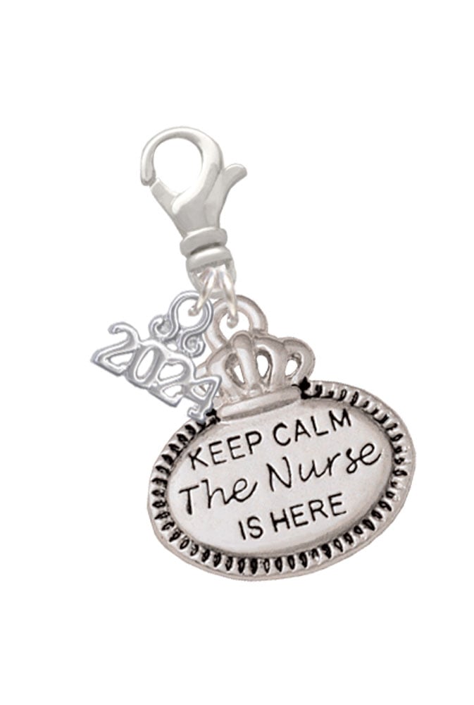 Delight Jewelry Silvertone Keep Calm Message Clip on Charm with Year 2024 Image 1
