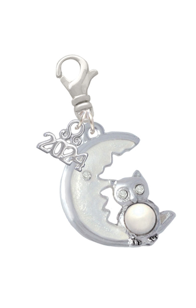 Delight Jewelry Silvertone Large Owl Sitting on Moon Clip on Charm with Year 2024 Image 1