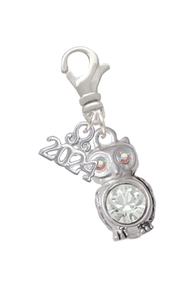 Delight Jewelry Silvertone 3-D Crystal Owl Clip on Charm with Year 2024 Image 1
