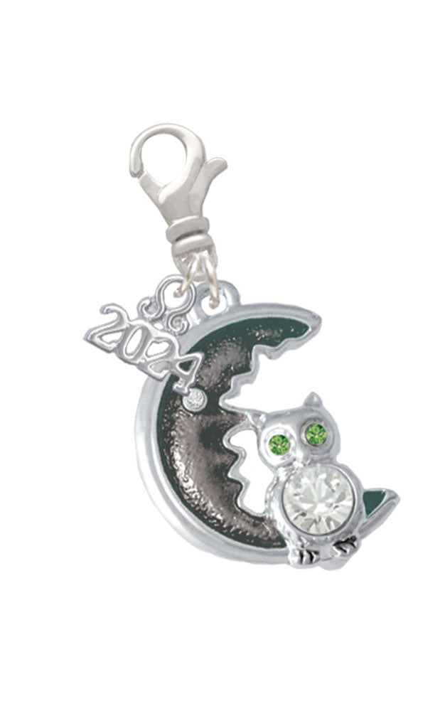 Delight Jewelry Silvertone Large Owl Sitting on Moon Clip on Charm with Year 2024 Image 4