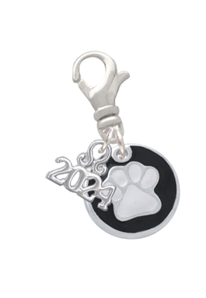 Delight Jewelry Silvertone Enamel Paw on Black Disc Clip on Charm with Year 2024 Image 1