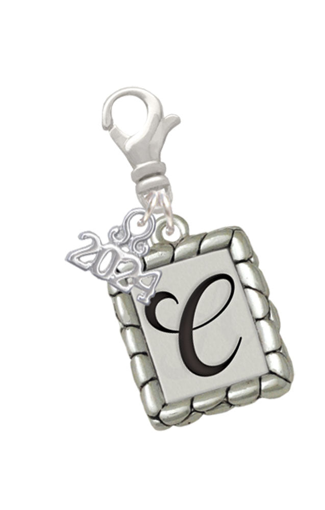 Delight Jewelry Silvertone Pebble Border Initial Clip on Charm with Year 2024 Image 3