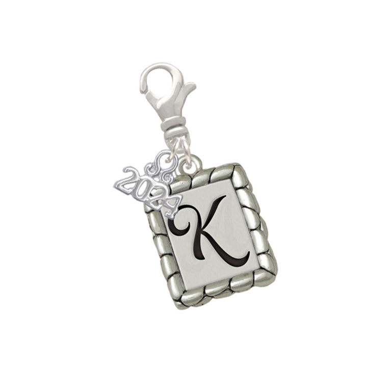 Delight Jewelry Silvertone Pebble Border Initial Clip on Charm with Year 2024 Image 11
