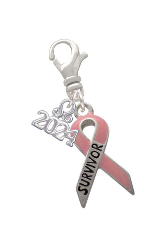 Delight Jewelry Silvertone Pink Ribbon Message Clip on Charm with Year 2024 Image 1