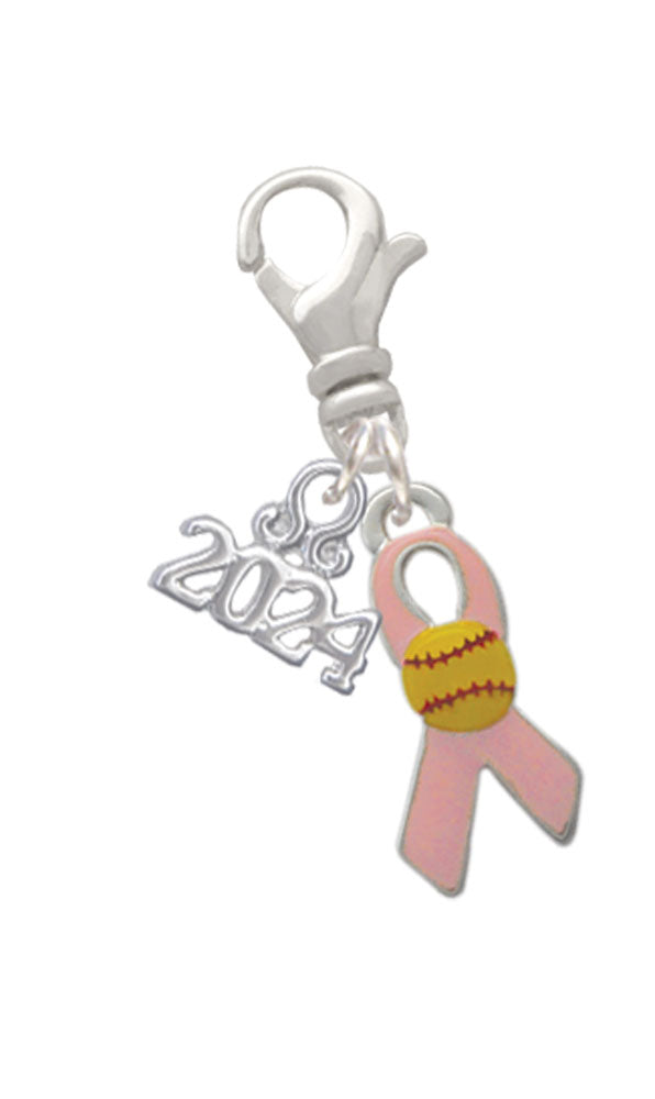 Delight Jewelry Silvertone Enamel Ribbon with Softball Clip on Charm with Year 2024 Image 1