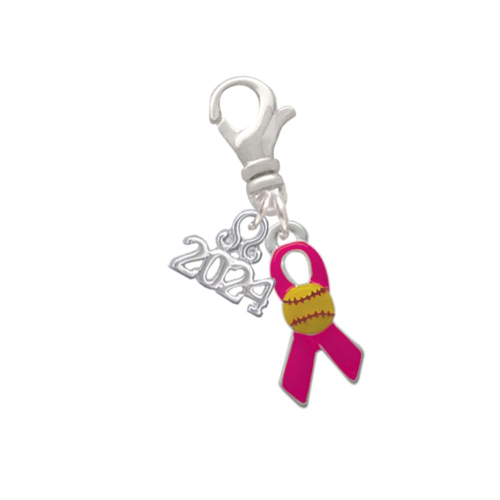 Delight Jewelry Silvertone Enamel Ribbon with Softball Clip on Charm with Year 2024 Image 1