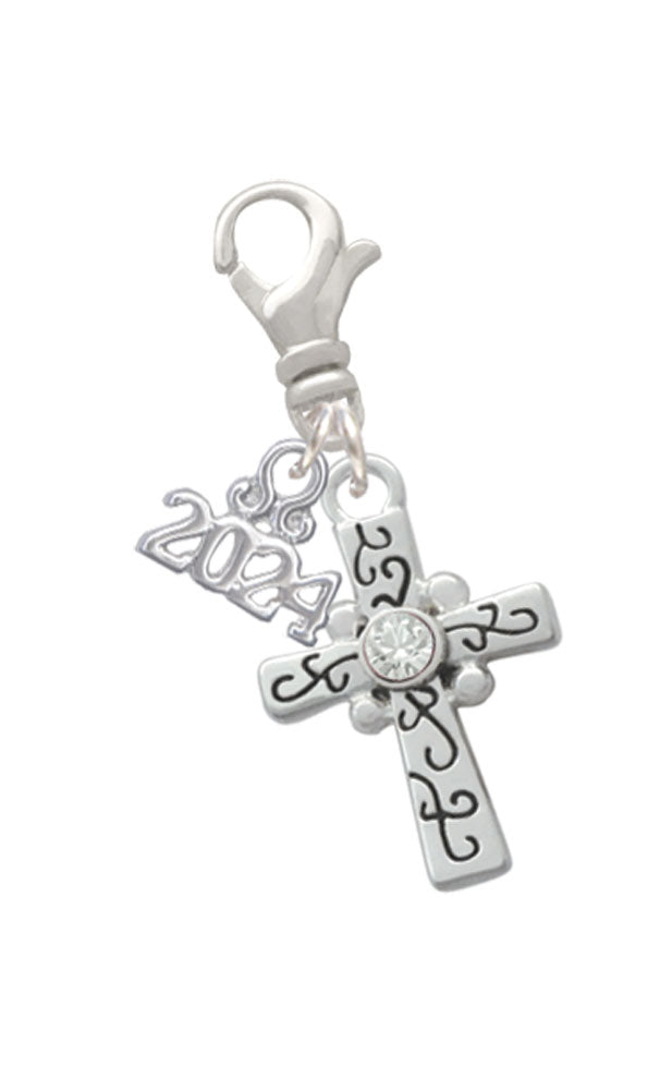 Delight Jewelry Silvertone Scroll Cross with Crystal Clip on Charm with Year 2024 Image 1
