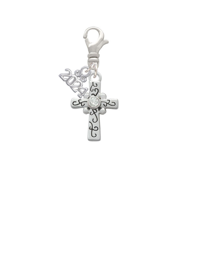 Delight Jewelry Silvertone Scroll Cross with Crystal Clip on Charm with Year 2024 Image 2