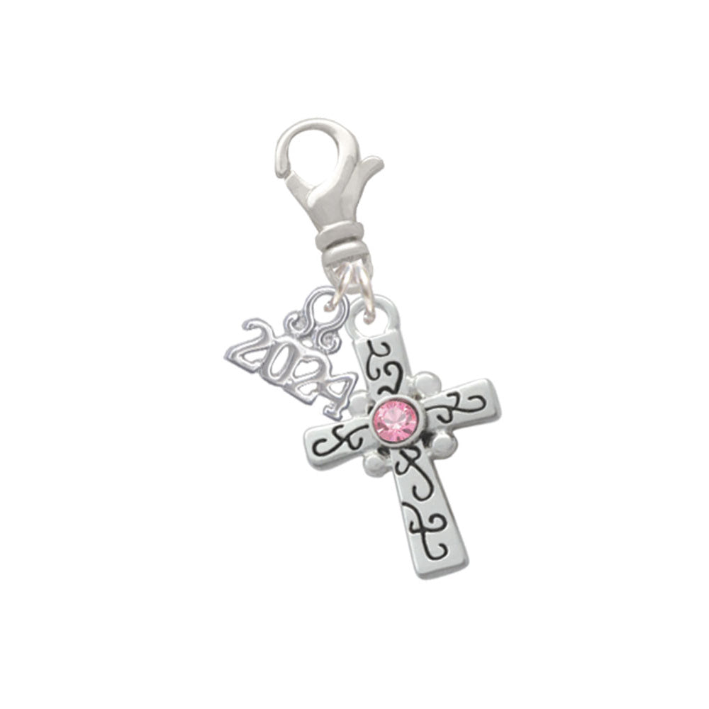 Delight Jewelry Silvertone Scroll Cross with Crystal Clip on Charm with Year 2024 Image 1