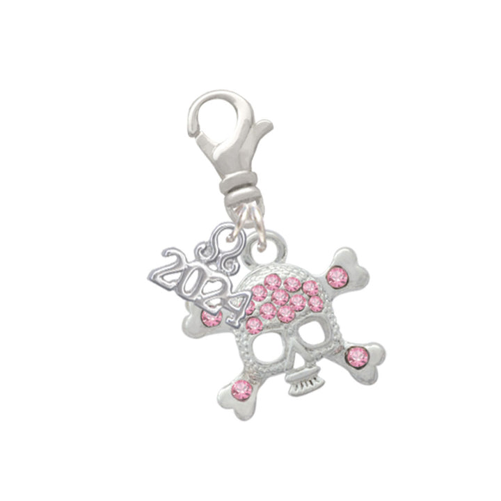 Delight Jewelry Silvertone Skull and Crossbones with Crystals Clip on Charm with Year 2024 Image 1