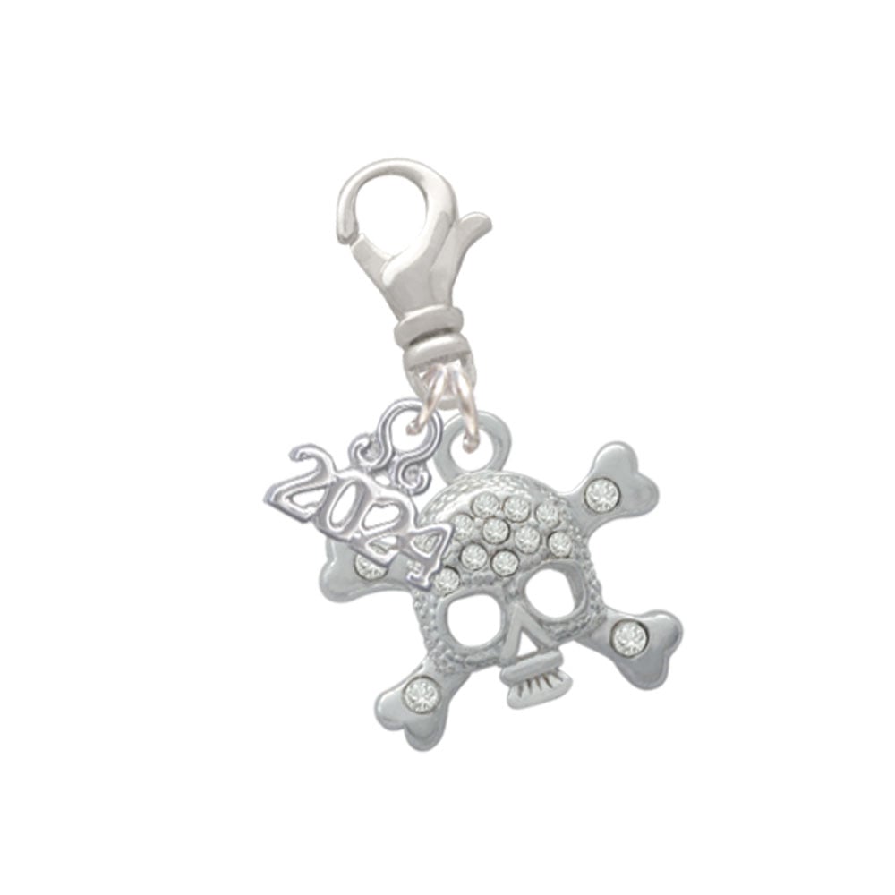 Delight Jewelry Silvertone Skull and Crossbones with Crystals Clip on Charm with Year 2024 Image 1