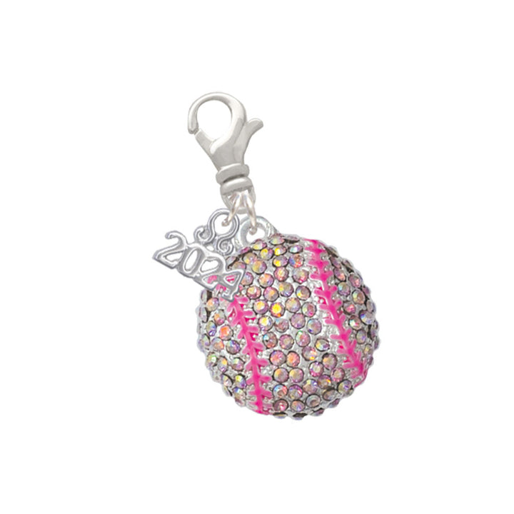 Delight Jewelry Silvertone Large Super Sparkle Crystal Softball Clip on Charm with Year 2024 Image 4