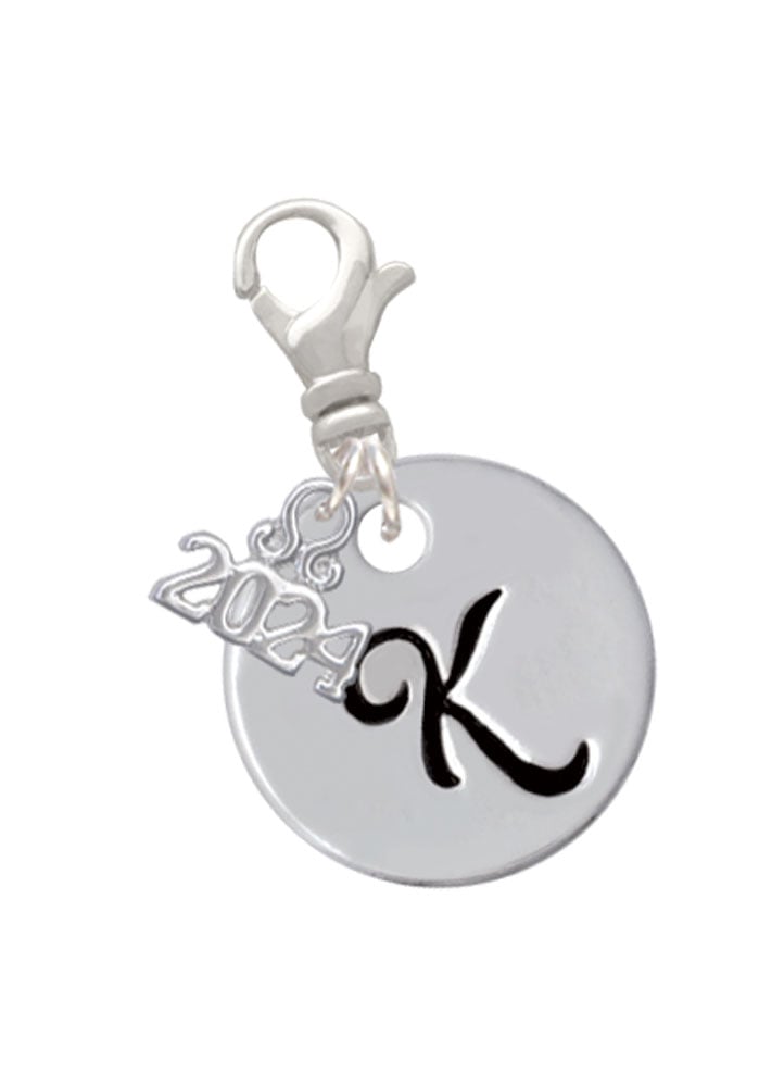 Delight Jewelry Silvertone Large Script Letter Disc - Clip on Charm with Year 2024 Image 1