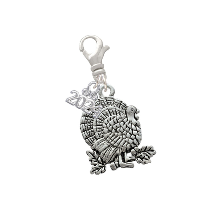 Delight Jewelry Silvertone Antiqued Turkey Clip on Charm with Year 2024 Image 1