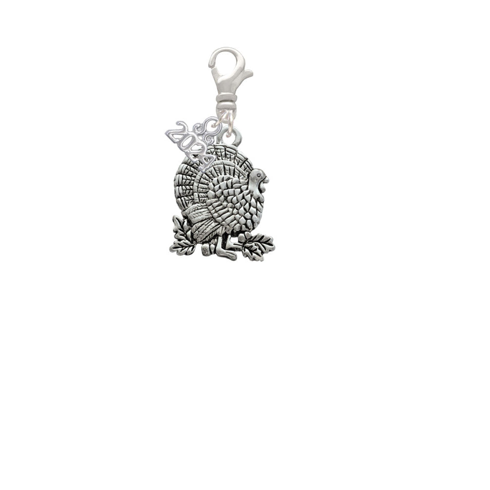 Delight Jewelry Silvertone Antiqued Turkey Clip on Charm with Year 2024 Image 2