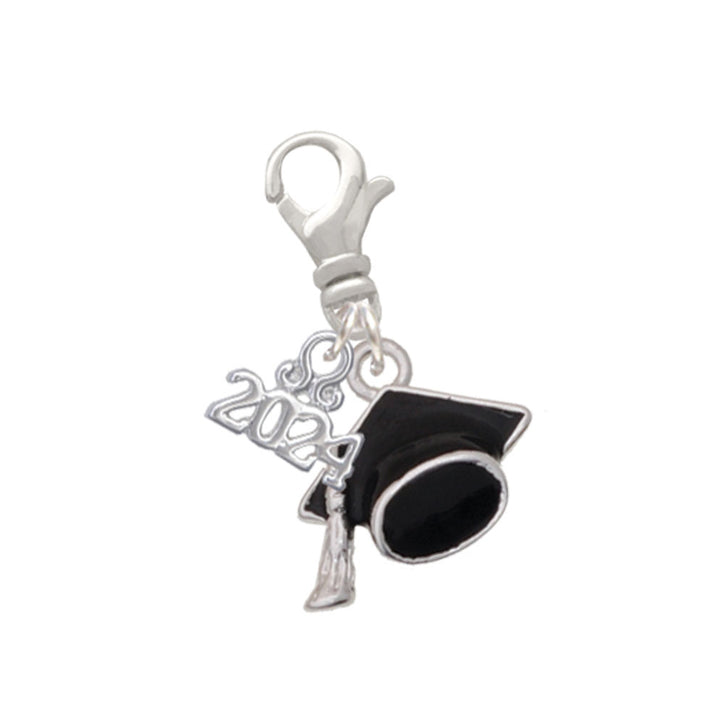 Delight Jewelry Silvertone 3-D Black Graduation Hat Clip on Charm with Year 2024 Image 1