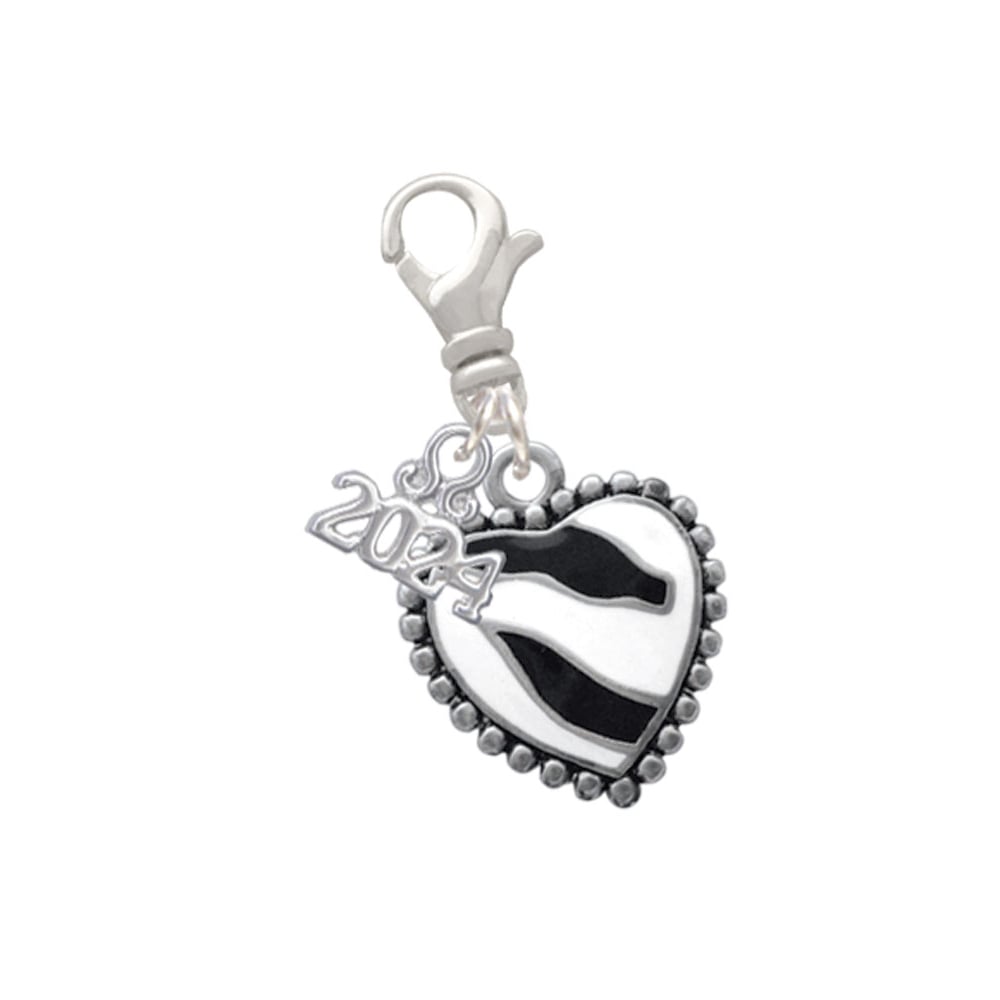 Delight Jewelry Silvertone Enamel Zebra Print Heart Clip on Charm with Year 2024 Image 1