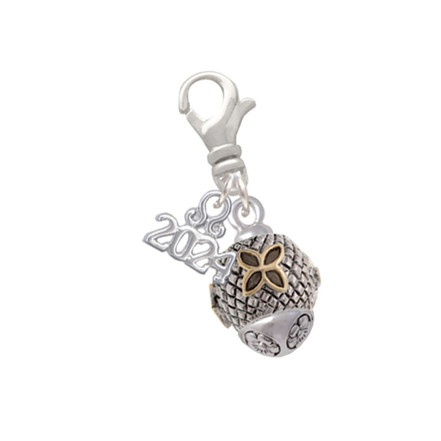 Delight Jewelry Goldtone Flower on Silvertone Hatched Background Spinner Clip on Charm with Year 2024 Image 1