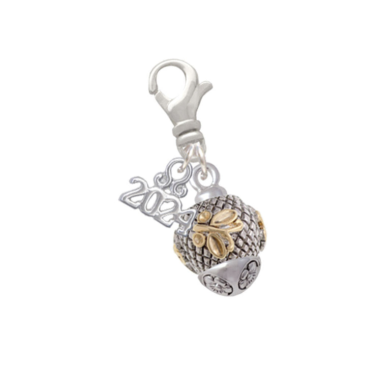 Delight Jewelry Goldtone Butterfly on Silvertone Hatched Background Spinner Clip on Charm with Year 2024 Image 1