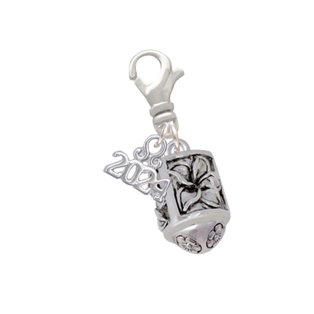 Delight Jewelry Silvertone Antiqued Plumeria Flowers Spinner Clip on Charm with Year 2024 Image 1