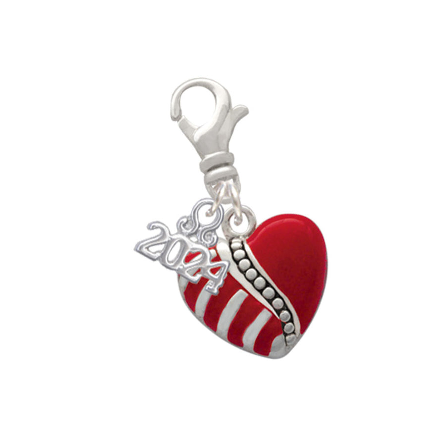 Delight Jewelry Silvertone Striped Red Enamel Heart with Beaded Decoration Clip on Charm with Year 2024 Image 1