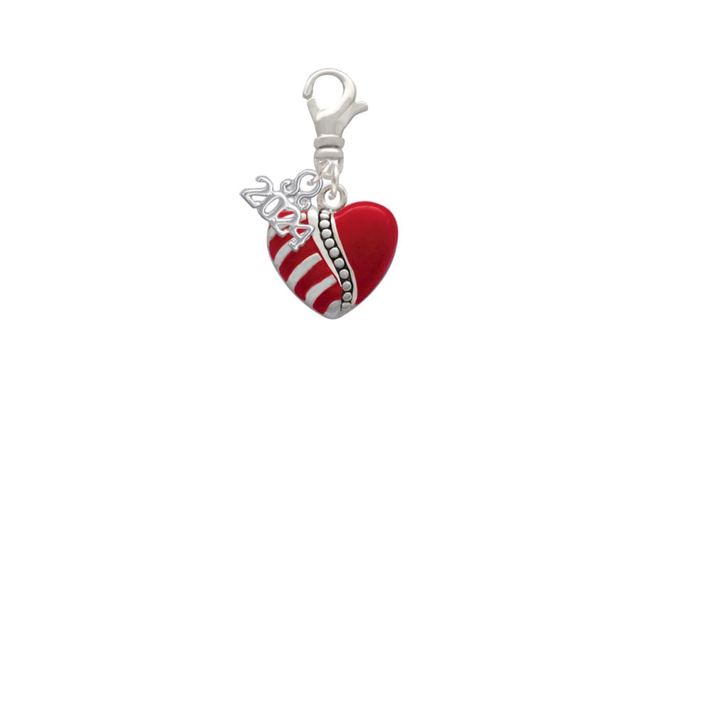 Delight Jewelry Silvertone Striped Red Enamel Heart with Beaded Decoration Clip on Charm with Year 2024 Image 2