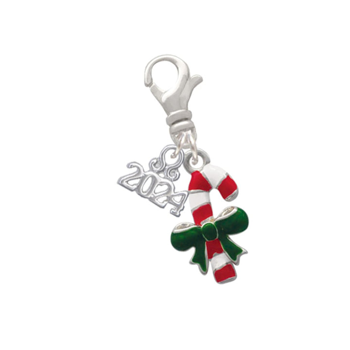 Delight Jewelry Silvertone Candy Cane with Green Bow Clip on Charm with Year 2024 Image 1