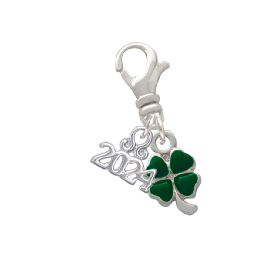 Delight Jewelry Silvertone Mini Green Four Leaf Clover with Heart Leaves Clip on Charm with Year 2024 Image 1