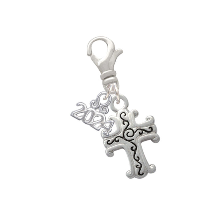 Delight Jewelry Silvertone Scroll Cross with Antiqued Decoration Clip on Charm with Year 2024 Image 1
