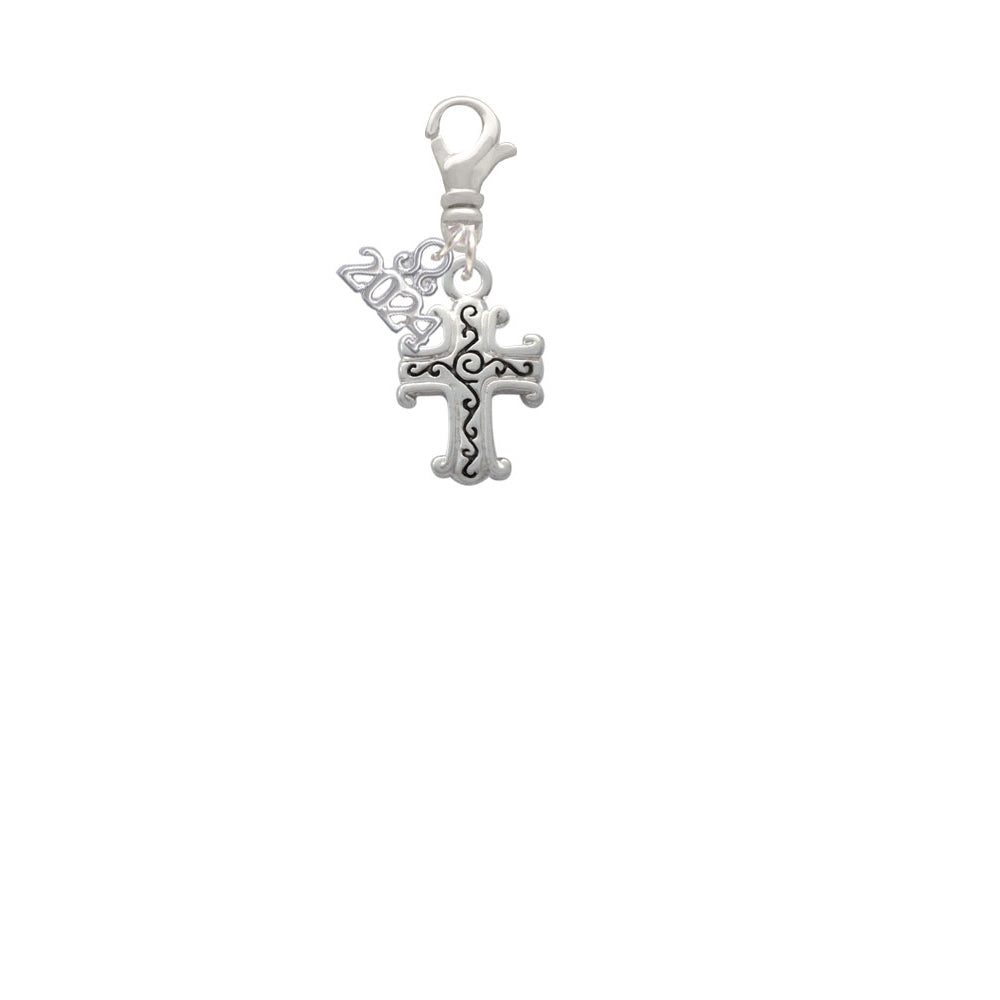 Delight Jewelry Silvertone Scroll Cross with Antiqued Decoration Clip on Charm with Year 2024 Image 2