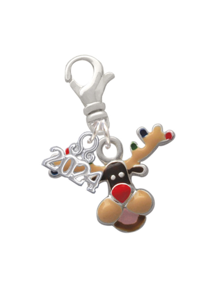 Delight Jewelry Silvertone Reindeer with Christmas Lights Clip on Charm with Year 2024 Image 1