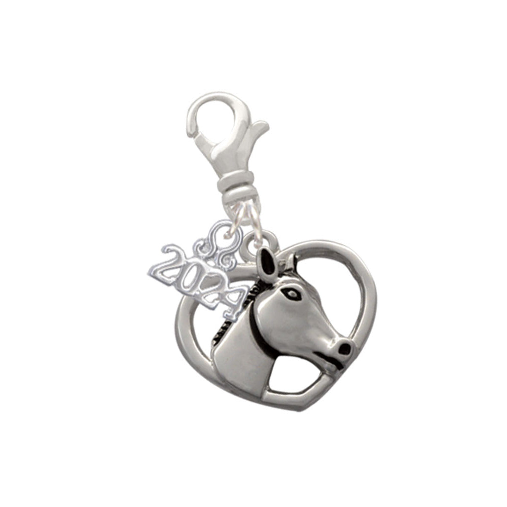 Delight Jewelry Silvertone Heart with Horse Head Clip on Charm with Year 2024 Image 1