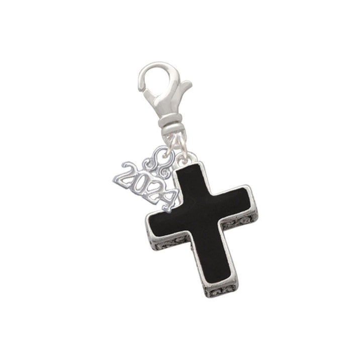 Delight Jewelry Silvertone Large Black Enamel Cross with Decorated Sides Clip on Charm with Year 2024 Image 1