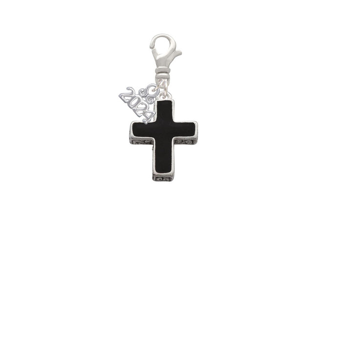Delight Jewelry Silvertone Large Black Enamel Cross with Decorated Sides Clip on Charm with Year 2024 Image 2
