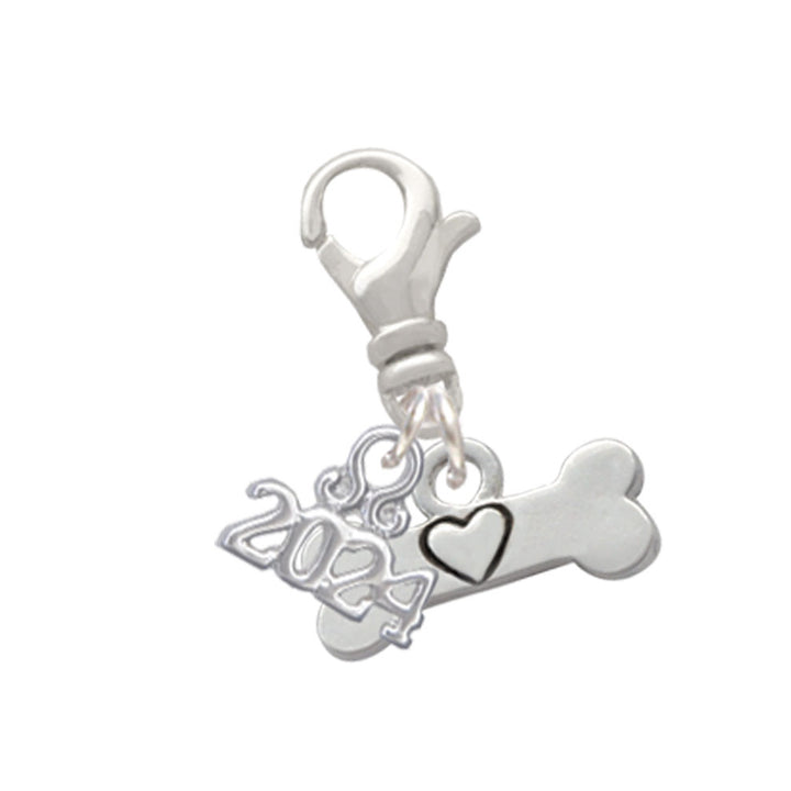 Delight Jewelry Silvertone Dog Bone with Heart Clip on Charm with Year 2024 Image 1