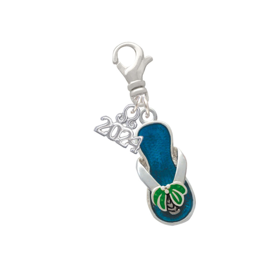 Delight Jewelry Silvertone Tropical Blue Flip Flop with Palm Tree Clip on Charm with Year 2024 Image 1