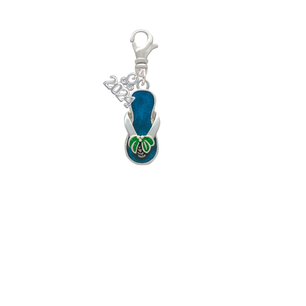 Delight Jewelry Silvertone Tropical Blue Flip Flop with Palm Tree Clip on Charm with Year 2024 Image 2