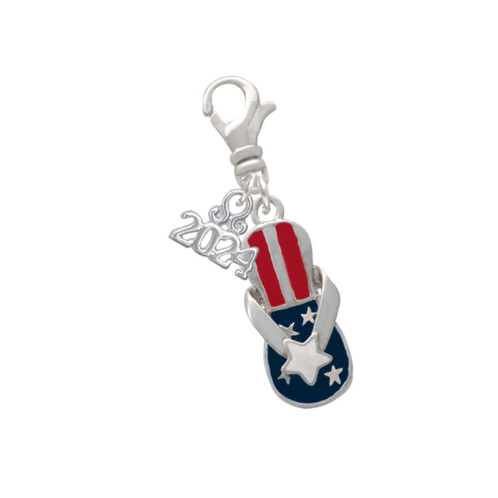 Delight Jewelry Silvertone USA Patriotic Flip Flop with White Star Clip on Charm with Year 2024 Image 1