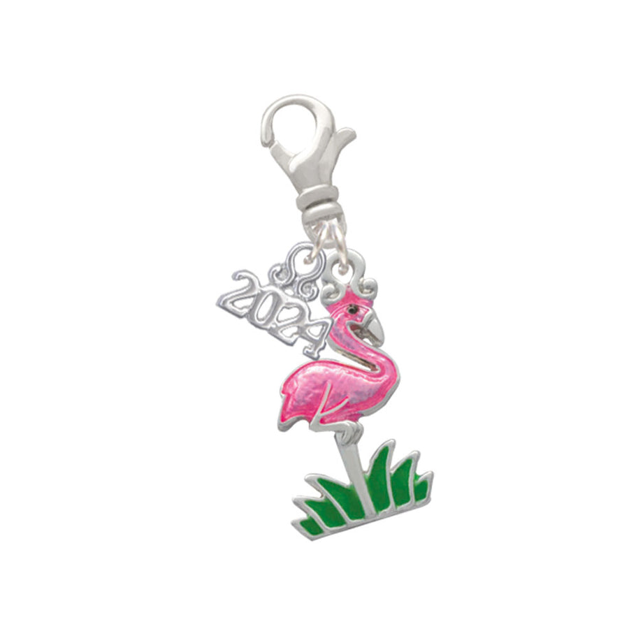 Delight Jewelry Silvertone Hot Pink Enamel Flamingo with Grass Clip on Charm with Year 2024 Image 1