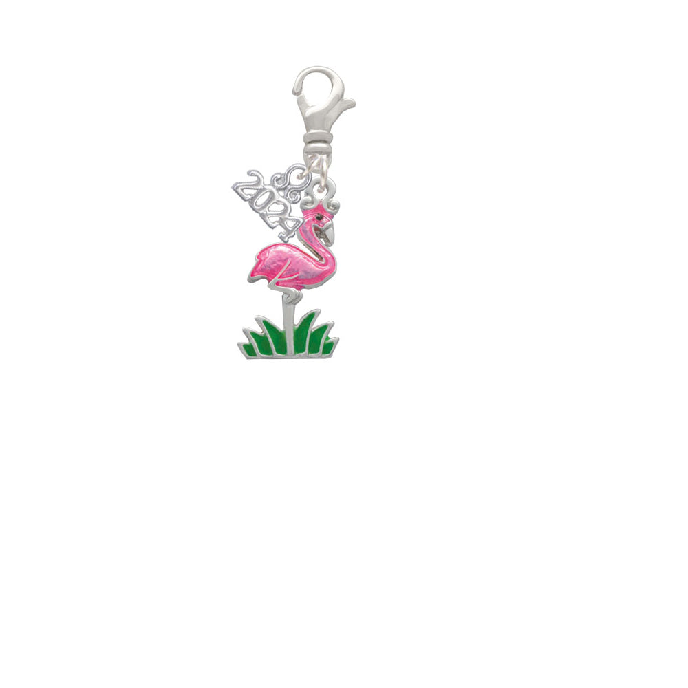 Delight Jewelry Silvertone Hot Pink Enamel Flamingo with Grass Clip on Charm with Year 2024 Image 2