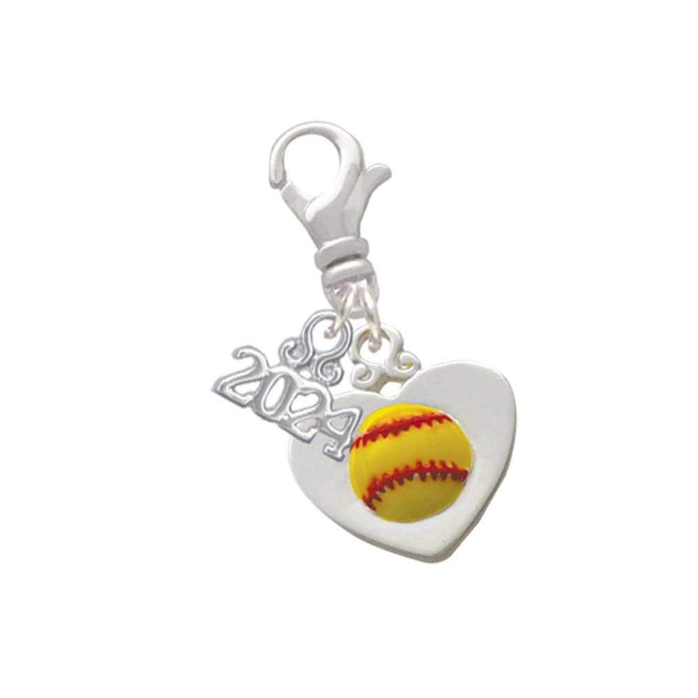 Delight Jewelry Silvertone Softball in Heart Clip on Charm with Year 2024 Image 1