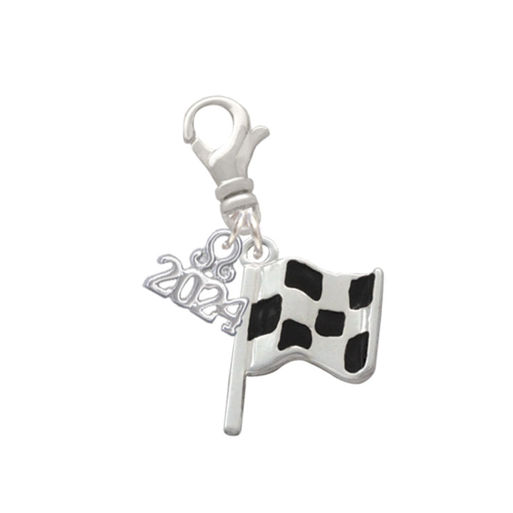 Delight Jewelry Silvertone Checkered Race Flag Clip on Charm with Year 2024 Image 1
