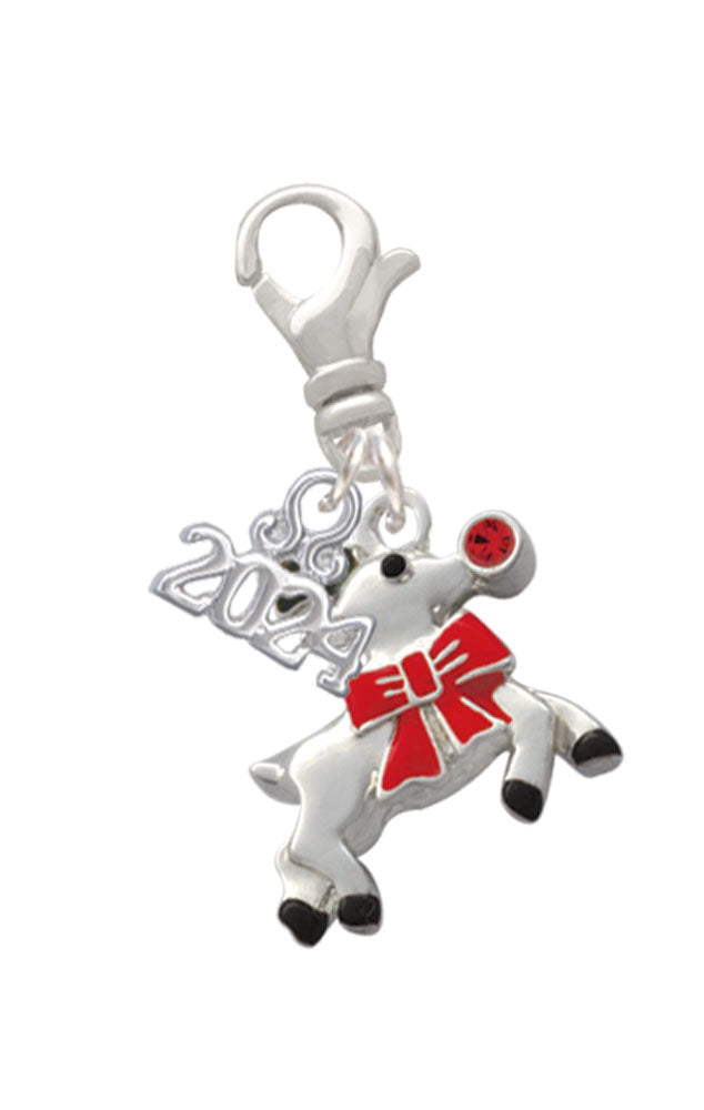 Delight Jewelry Silvertone Reindeer with Red Crystal Clip on Charm with Year 2024 Image 1