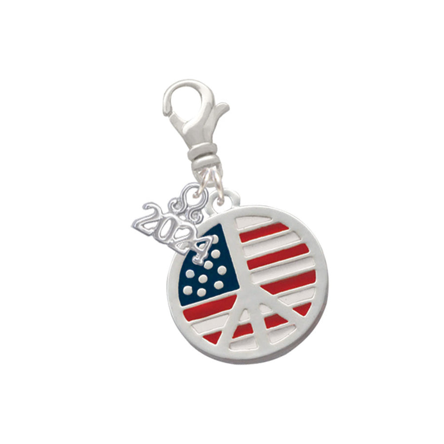 Delight Jewelry Silvertone Large Peace Sign with USA Flag Clip on Charm with Year 2024 Image 1