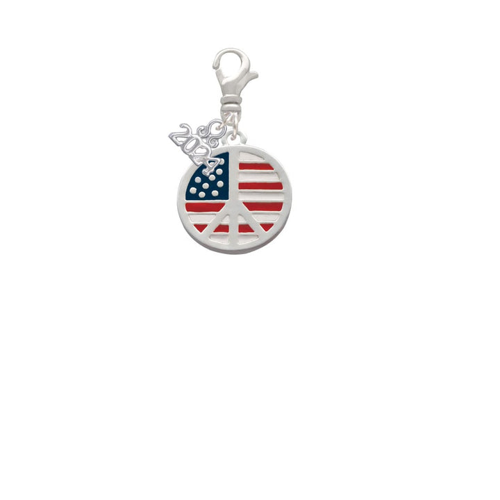 Delight Jewelry Silvertone Large Peace Sign with USA Flag Clip on Charm with Year 2024 Image 2