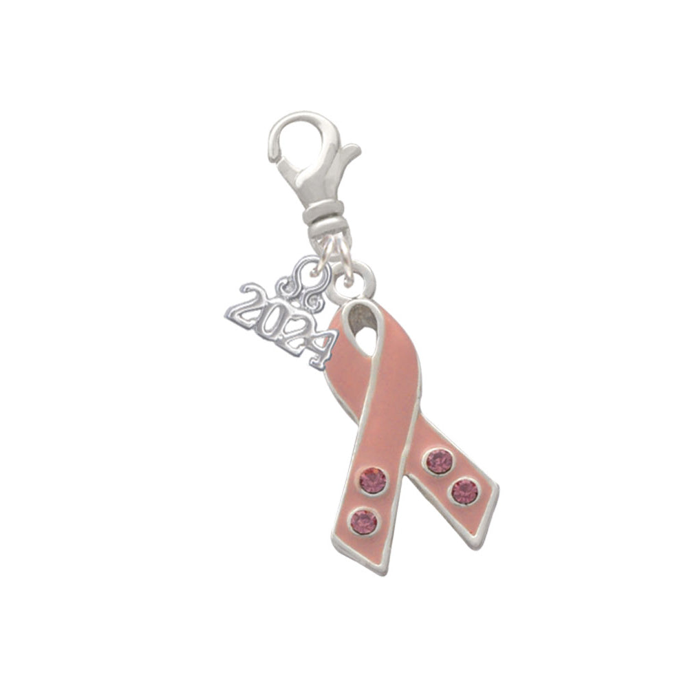 Delight Jewelry Silvertone Large Pink Ribbon with Crystals Clip on Charm with Year 2024 Image 1