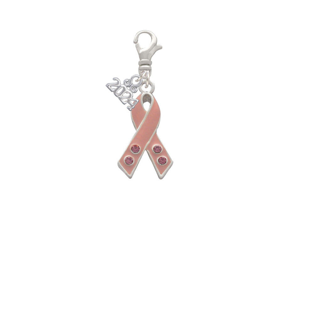 Delight Jewelry Silvertone Large Pink Ribbon with Crystals Clip on Charm with Year 2024 Image 2